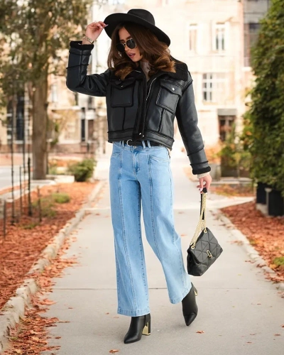 Royalfashion Дамско еко кожено яке с косъм в черен цвят