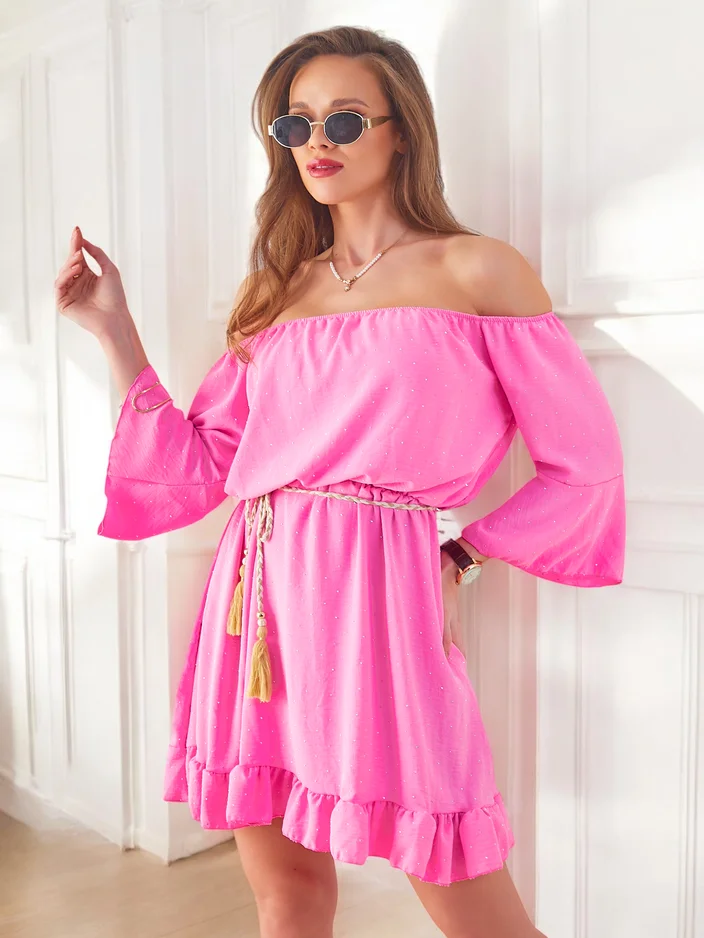 Роялфешън Женска мини рокля в испански стил с дълги ръкави и камъчета