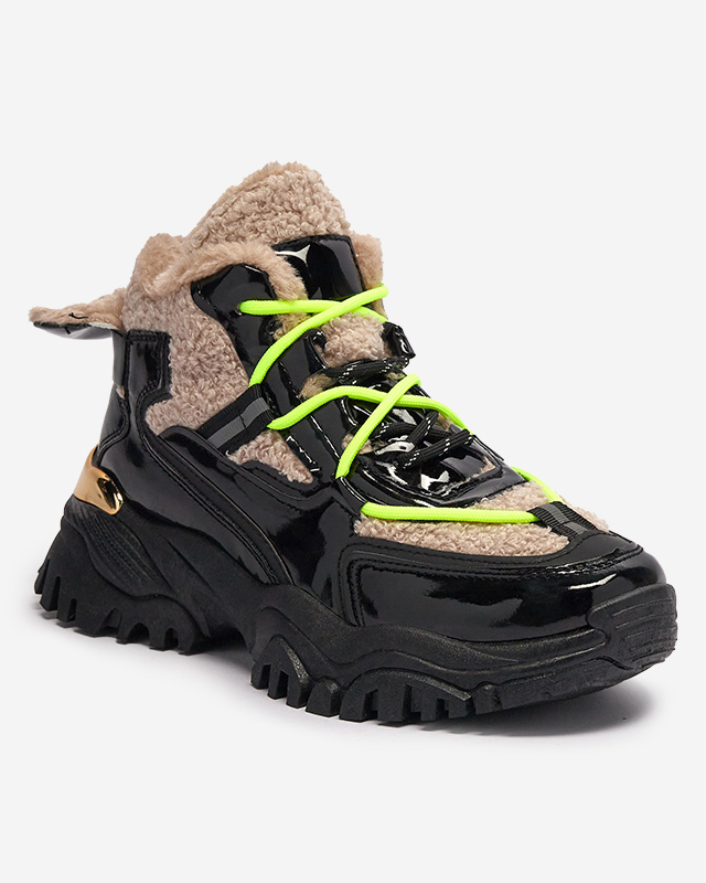 Черни дамски спортни обувки с кожа и неоново жълти връзки Adbo- Footwear