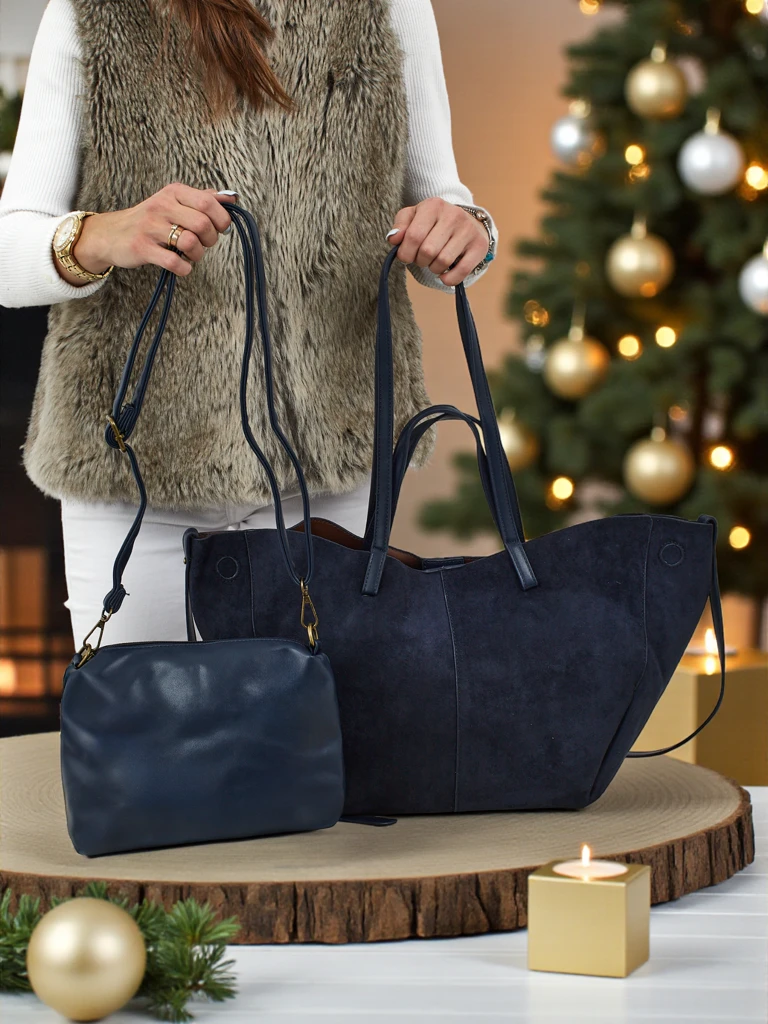 Дамска чанта shopper еко велурена с по-малка еко кожена в комплект 2в1 Elinea