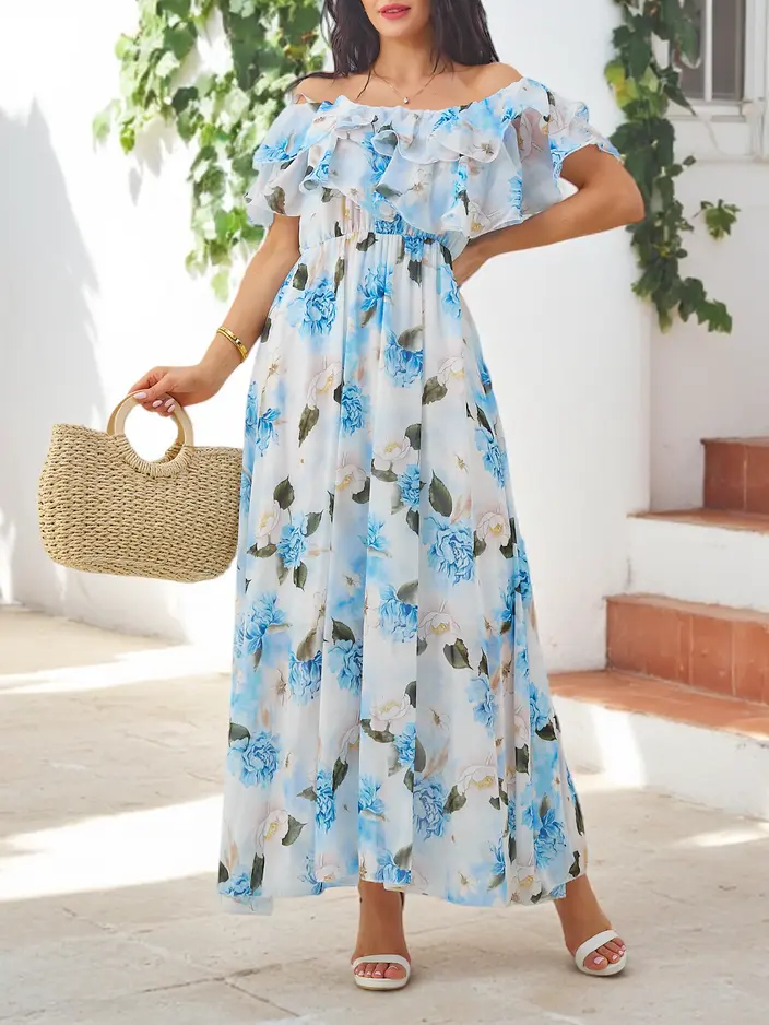 Рокля с открити рамене и къси ръкави в цвят на цветя от Royalfashion