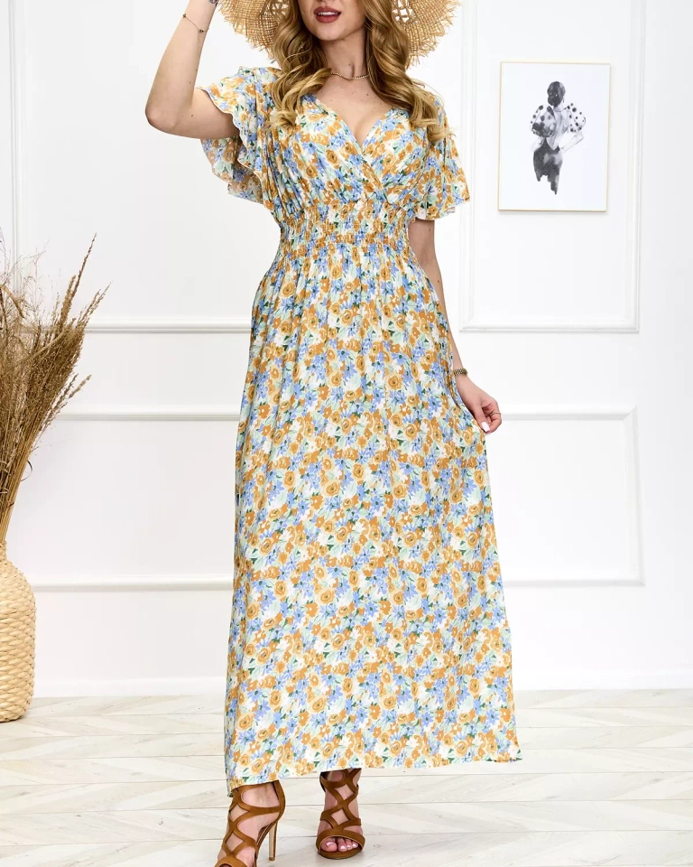 Дамска флорална миди рокля в синьо и жълто - Обувки