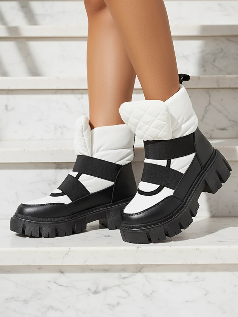 Дамски ботуши за сняг с равна подметка в черно и бяло Ferory- Footwear