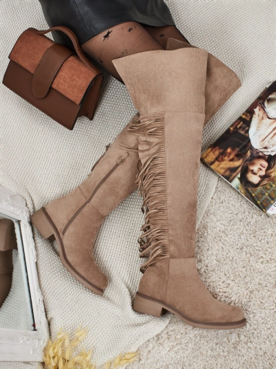 Дамски ботуши над коляното от еко велур с ресни Ostrelia