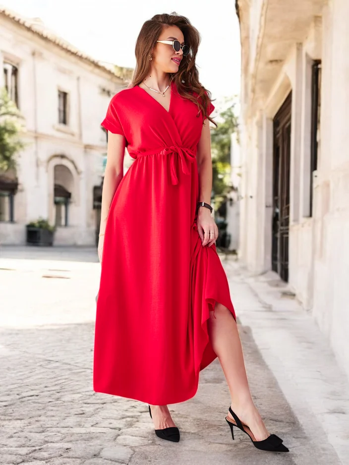 Рокля миди Royalfashion за жени с обло деколте, къси ръкави и колан