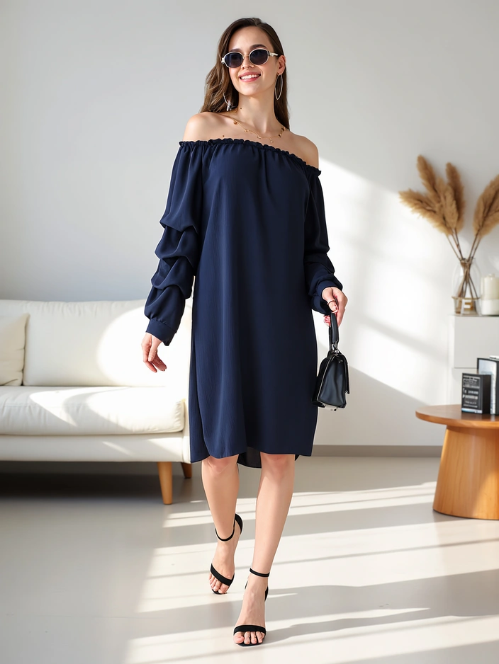 Royalfashion Гладка дамска рокля а-ла Испанска с волани