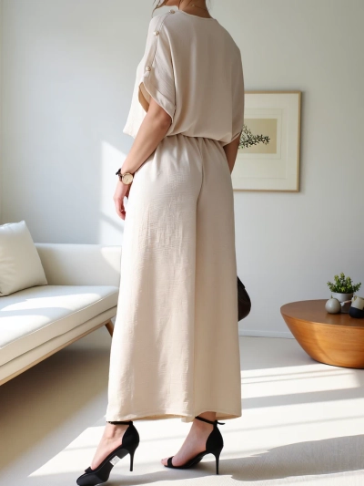 Royalfashion Дамски ежедневен комплект с блуза с къс ръкав и широки панталони