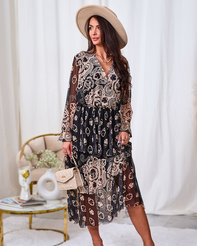 Royalfashion Черно-бежова мрежеста миди рокля с принт