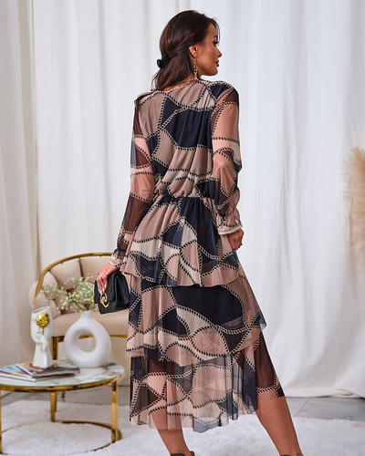 Royalfashion Черно-светлокафява мрежеста миди рокля с принт