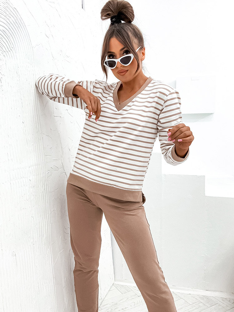 Royalfashion Дамски памучен комплект на райета