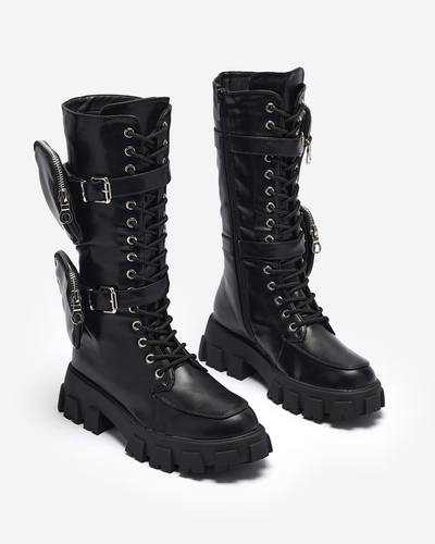 Черни работни ботуши с декоративни торбички в горната част Sello- Footwear