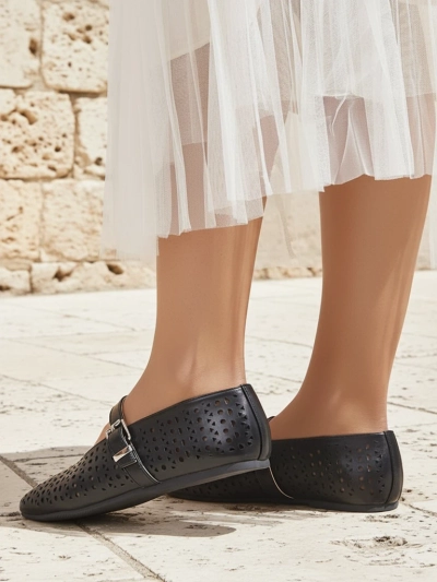 Mary Jane Perseida - черни балеринки Royalfashion от еко кожа с бадемов нос