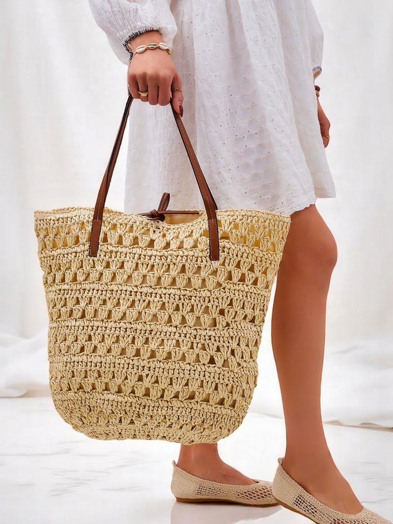 Royalfashion Голяма дамска чанта от слама - Натурален класически стил