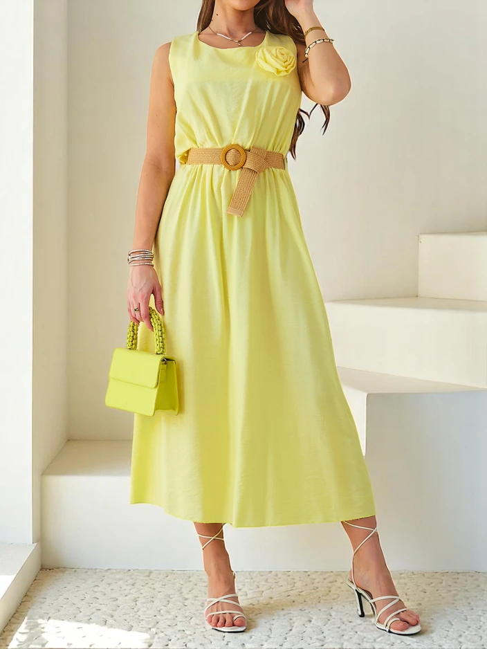 Рокля миди за жени Royalfashion с презрамки, с кръгло деколте и декоративно цвете