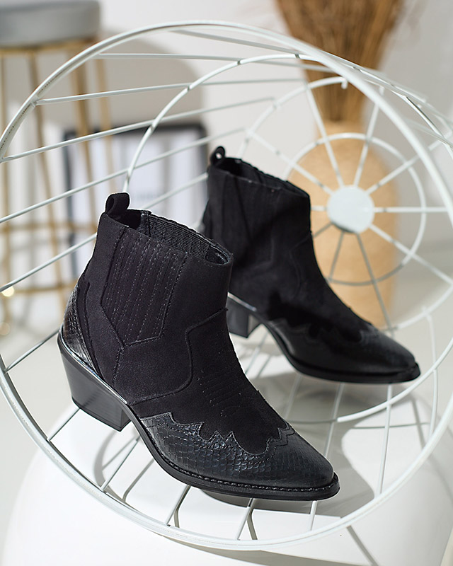 Черни еко велурени каубойски ботуши на ниска колба Zirras - Обувки