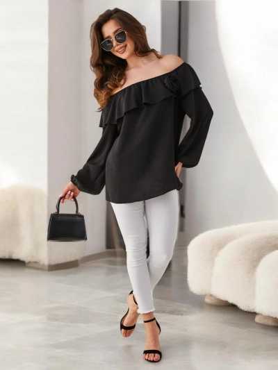 Royalfashion дамска блуза с открити рамене и волани и цвете