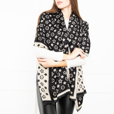 Beżowo-czarny wzorzysty szalik damski - Akcesoria