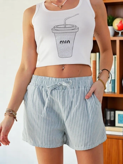 Royalfashion Женски шорти с талия и връзки в райе