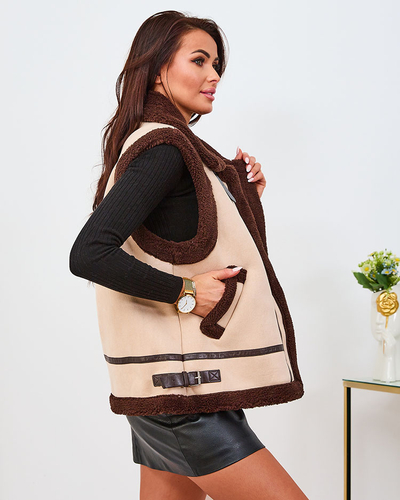 Royalfashion Бежова дамска жилетка с овча кожа