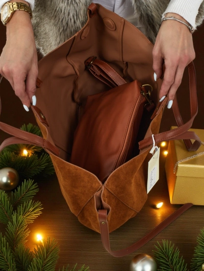 Дамска чанта shopper еко велурена с по-малка еко кожена в комплект 2в1 Elinea