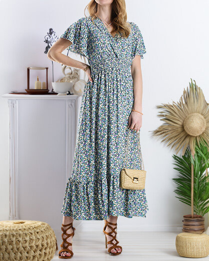 Дамска флорална миди рокля в лилаво- Облекло