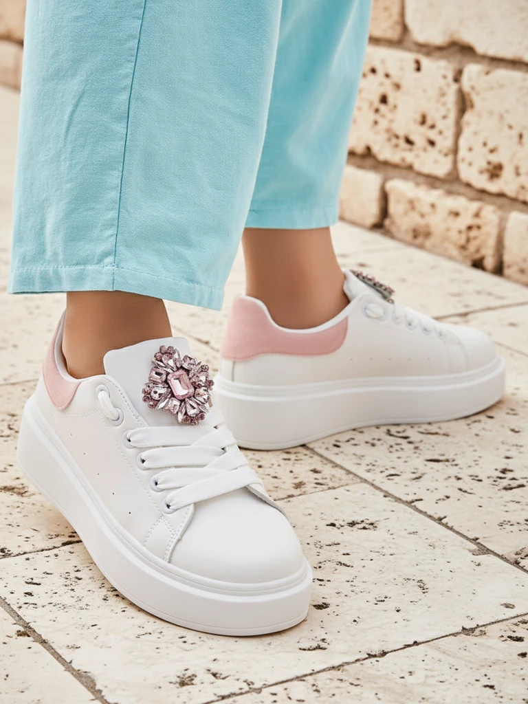 Дамски сникърси Hypatia Bianco от екологична кожа с декорация и розов акцент