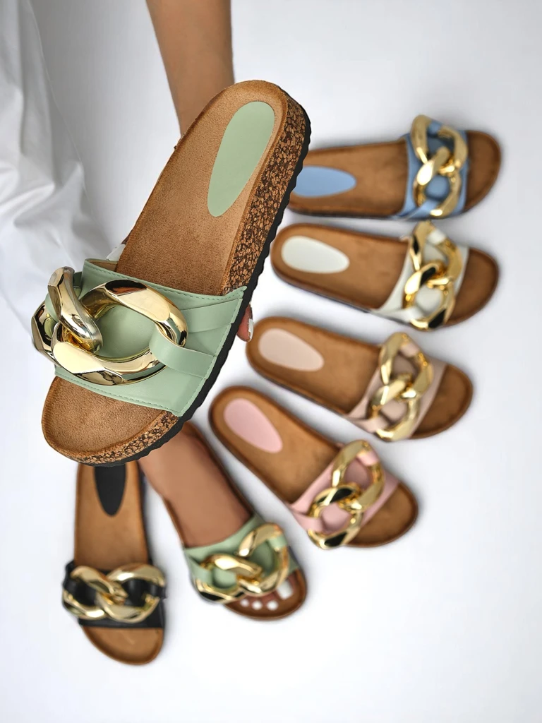 Дамски сандали Thalia Royalfashion зелени със синджир на равна подметка