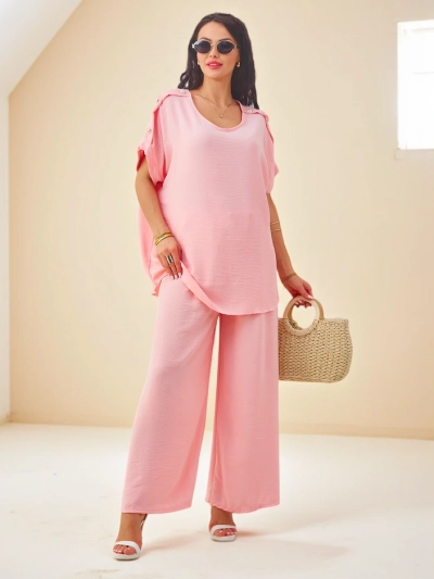 Royalfashion Дамски памучен комплект с къси ръкави и широки панталони