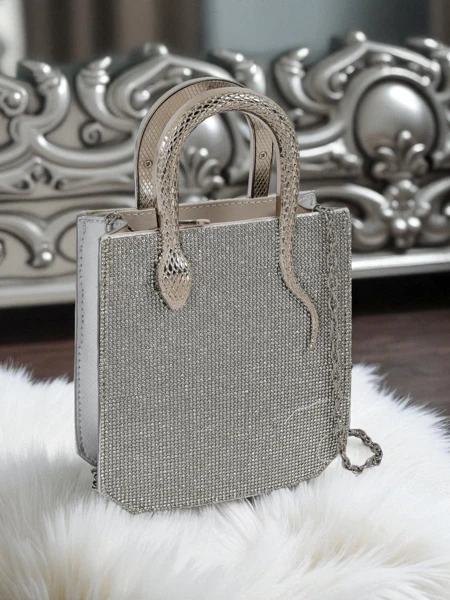 Royalfashion Дамска чанта тип плик с цирконии и дръжки змия Snake Glam