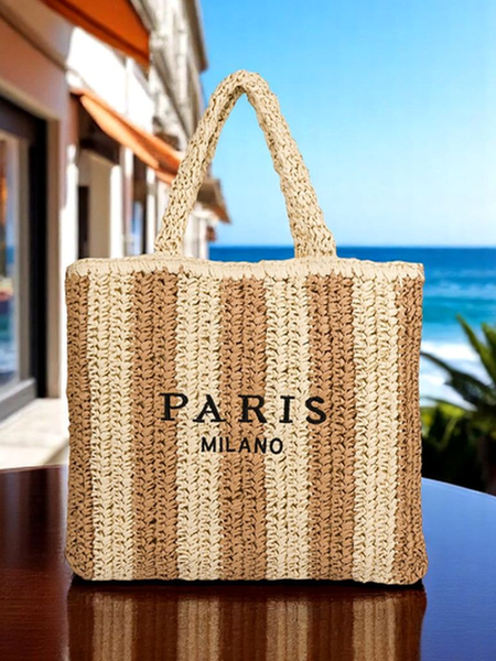 Royalfashion Голяма дамска чанта от слама, Сламени райета