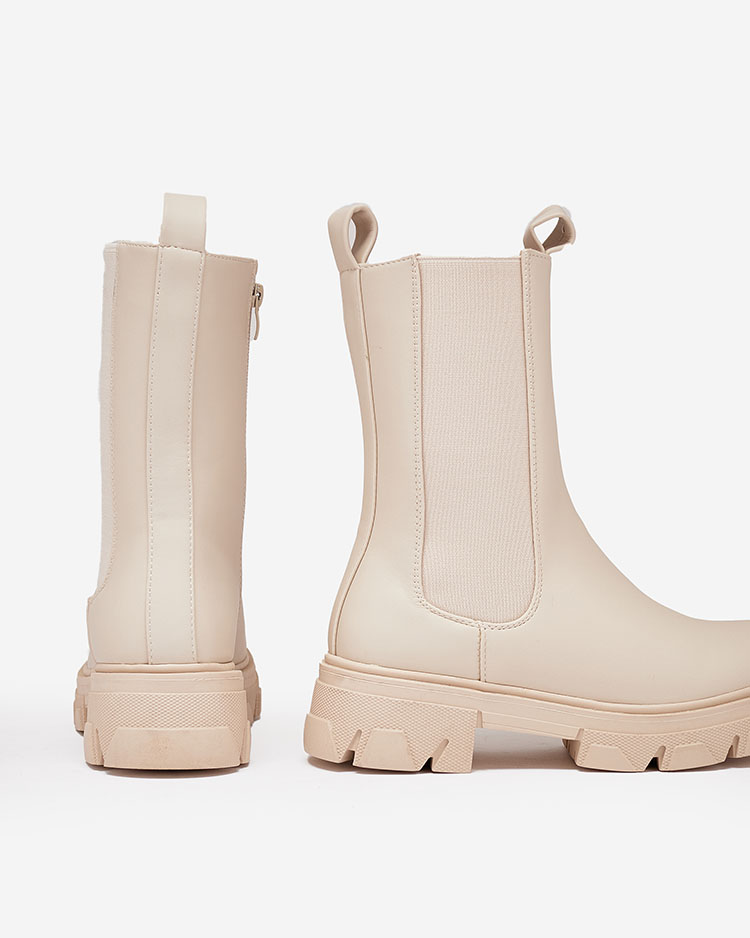 Royalfashion Дамски ботуши с висок плосък ток в екрю Vedita