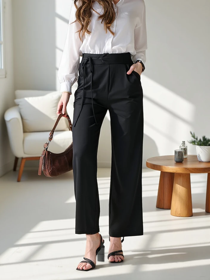 Royalfashion Широки дамски панталони с странични връзки