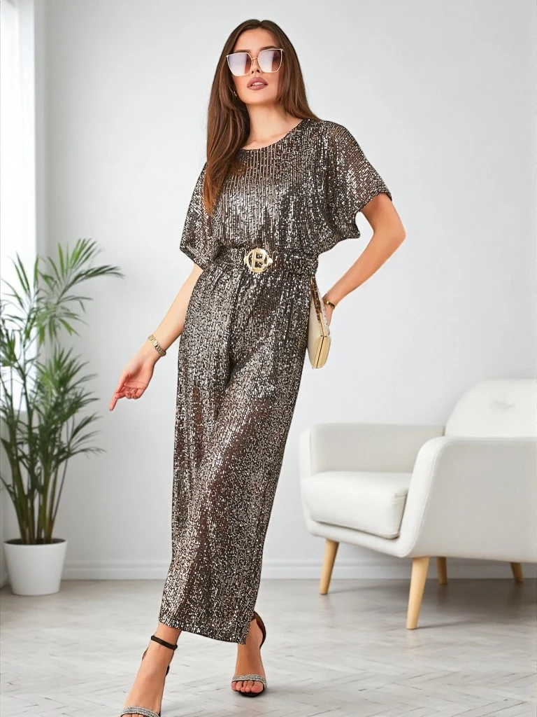 Royalfashion Дълга дамска комбина с пайети