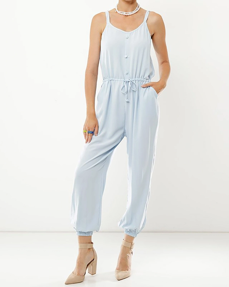 Niebieski damski bawełniany kombinezon z guzikami - Odzież