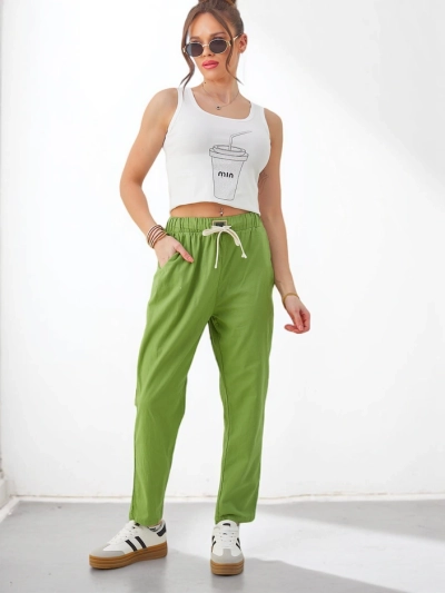 Royalfashion Дамски обикновени памучни панталони с връзка на талията