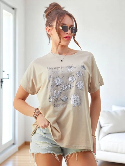 Royalfashion Дамска памучна тениска с принт на листа