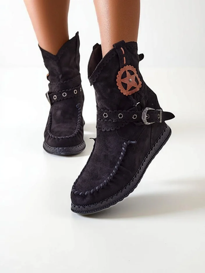 Royalfashion Жени боти до глезена на нисък клин Indianas