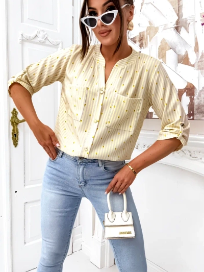 Риза на Royalfashion с линии и лимони за жени и V-образно деколте