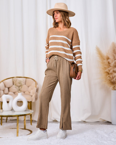 Royalfashion Дамски панталон от велур в цвят каки