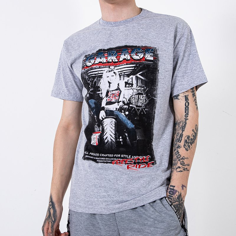 Jasnoszary bawełniany t-shirt męski zdobiony printem i napisem - Odzież