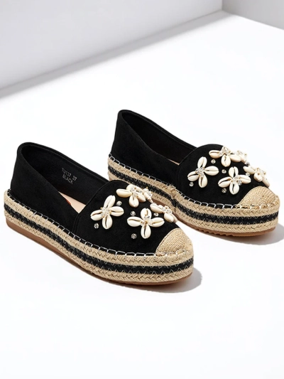 Czarne damskie espadryle na platformie z ozdobami Izira - Obuwie