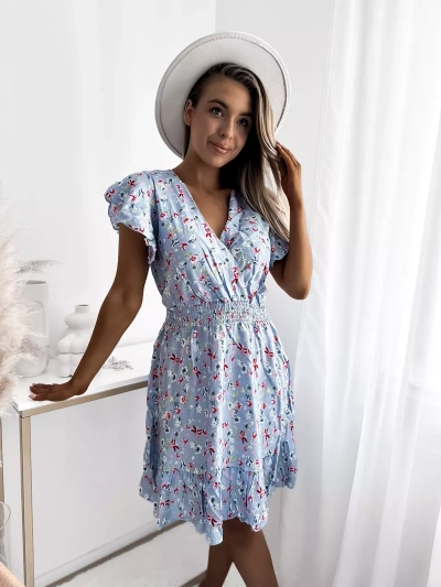 Royalfashion Синя дамска мини рокля с флорален мотив