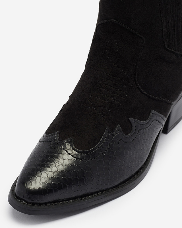 Черни еко велурени каубойски ботуши на ниска колба Zirras - Обувки