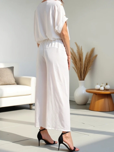 Royalfashion Дамски стильен комплект с блуза с къс ръкав и широки панталони