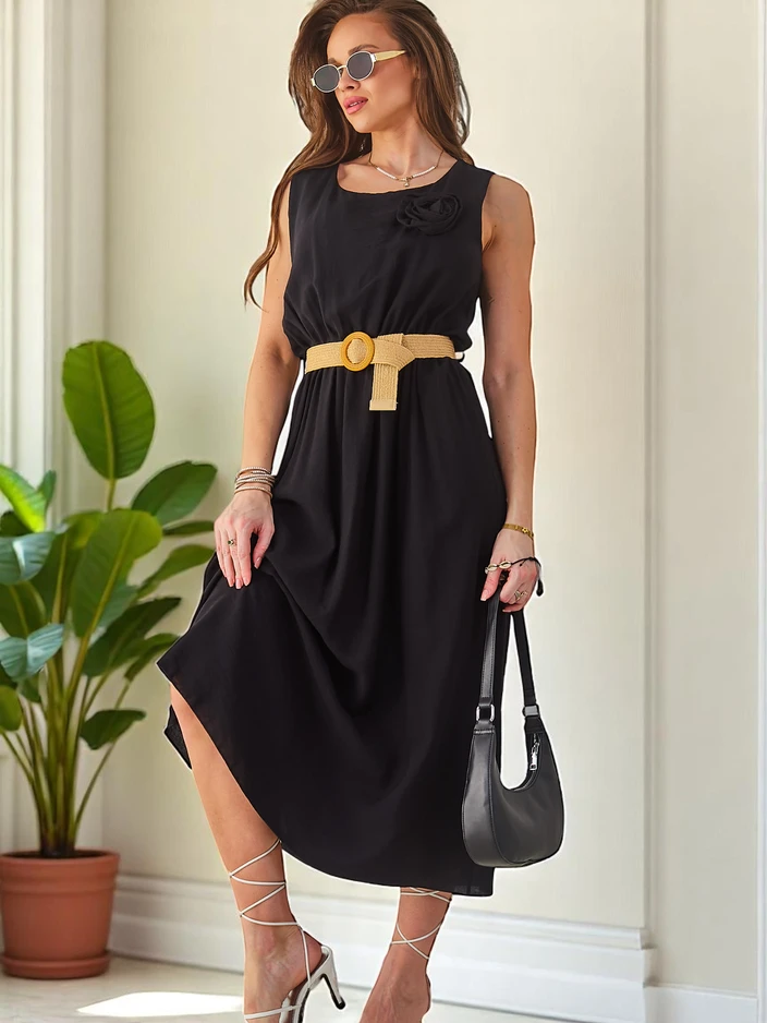 Рокля миди с презрамки на Royalfashion за жени, с кръгло деколте и декоративно цвете