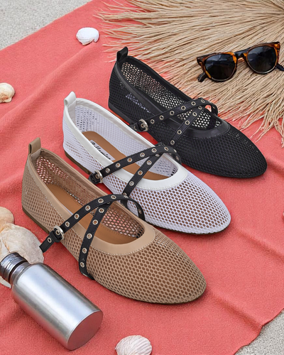 Балеринки Royalfashion Calista Bianca – мрежести бели дамски обувки с черни ленти