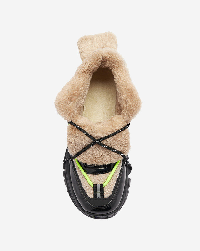 Черни дамски спортни обувки с кожа и неоново жълти връзки Adbo- Footwear