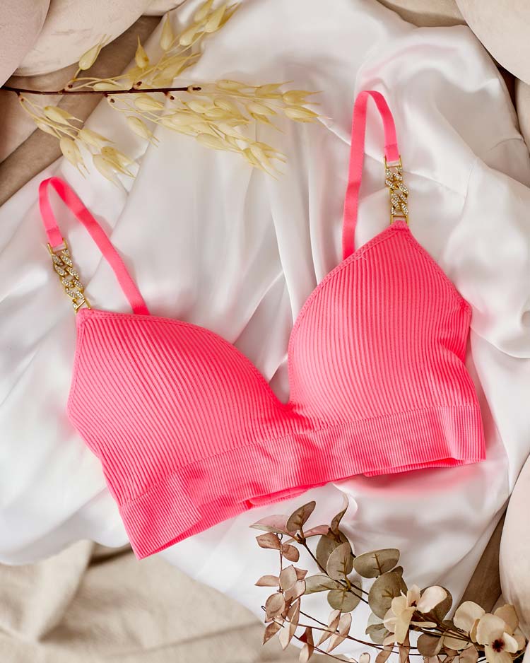 Royalfashion Дамски оребрен сутиен с декоративни презрамки