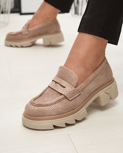 Светлокафяви дамски ажурни мокасини с масивна подметка Ejina - Обувки