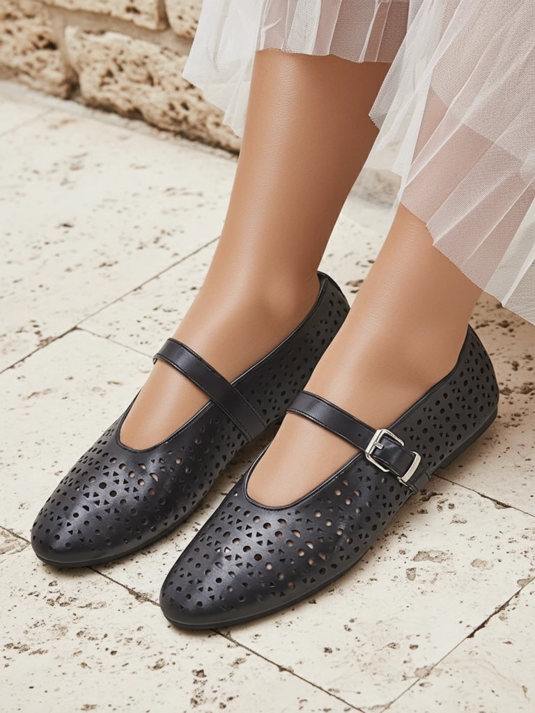 Mary Jane Perseida - черни балеринки Royalfashion от еко кожа с бадемов нос